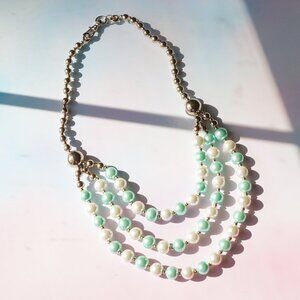 Vintage 90s Faux Pearl & Silver Tone Multi-Strand Necklace